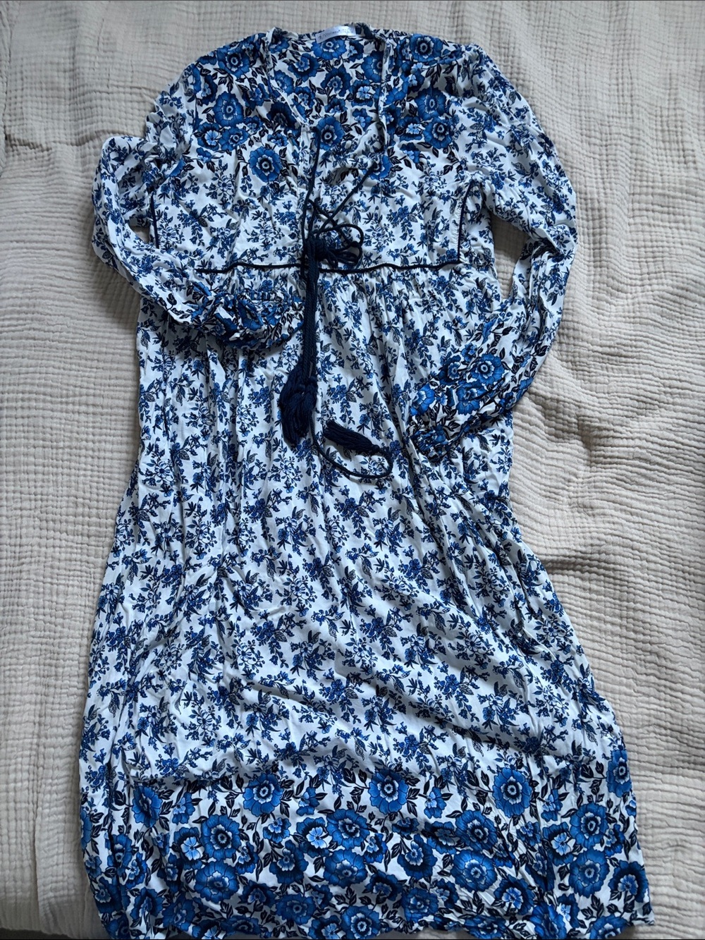 Blue Floral Tassel Tie Boho Dress